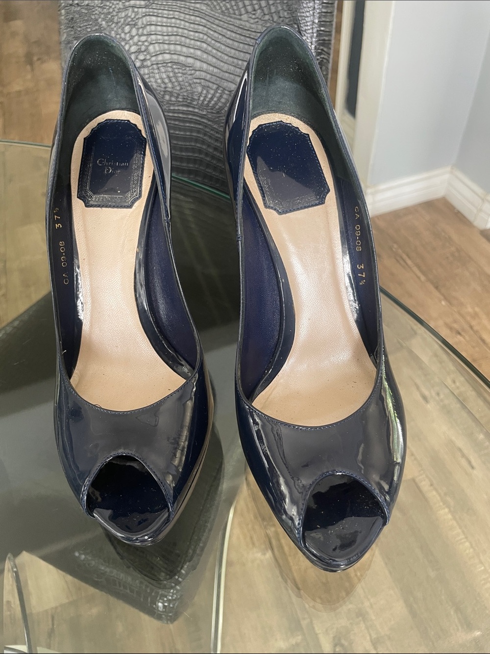 Dior Navy Patent Leather Peep-Toe Heels